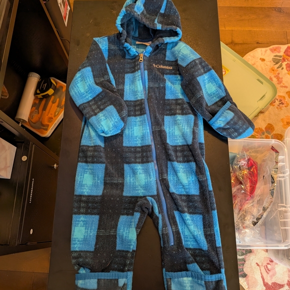 Columbia Blue Plaid Kids One Piece Bunting Jacket With Foldover Hands And Feet - Picture 1 of 8